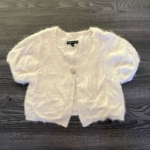 White/Ivory Express one button raglan short sleeve cropped angora cardigan